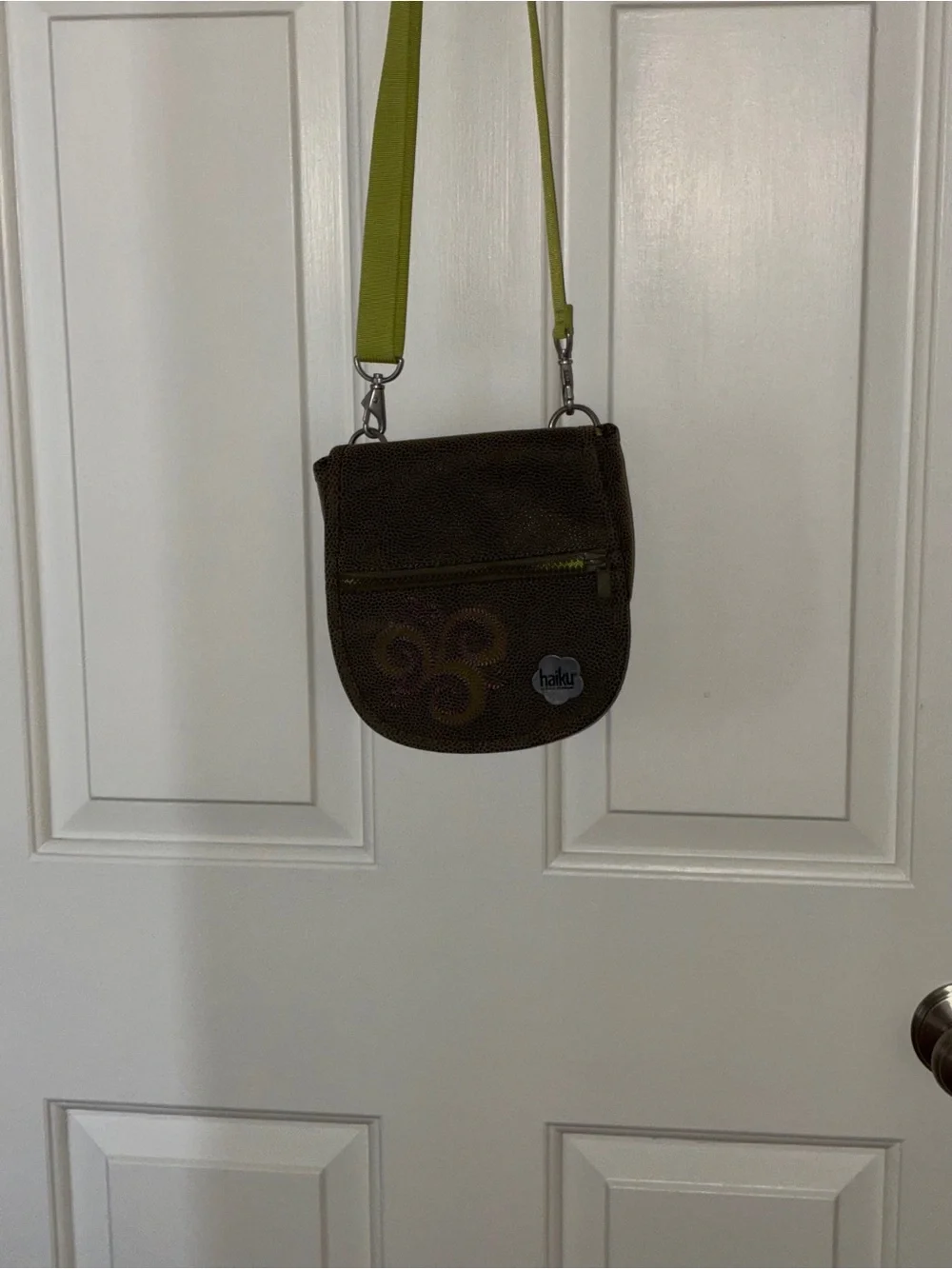 Haiku Olive Crossbody‎ Bag with Lime Strap with Embroidery